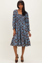 Blue Rose Smocked Velvet Bow Tie Midi Dress