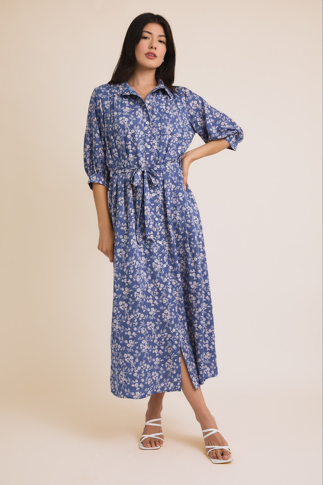 blue floral button up dress Down 3/4 Sleeve Maxi Color:Juicy Fruit