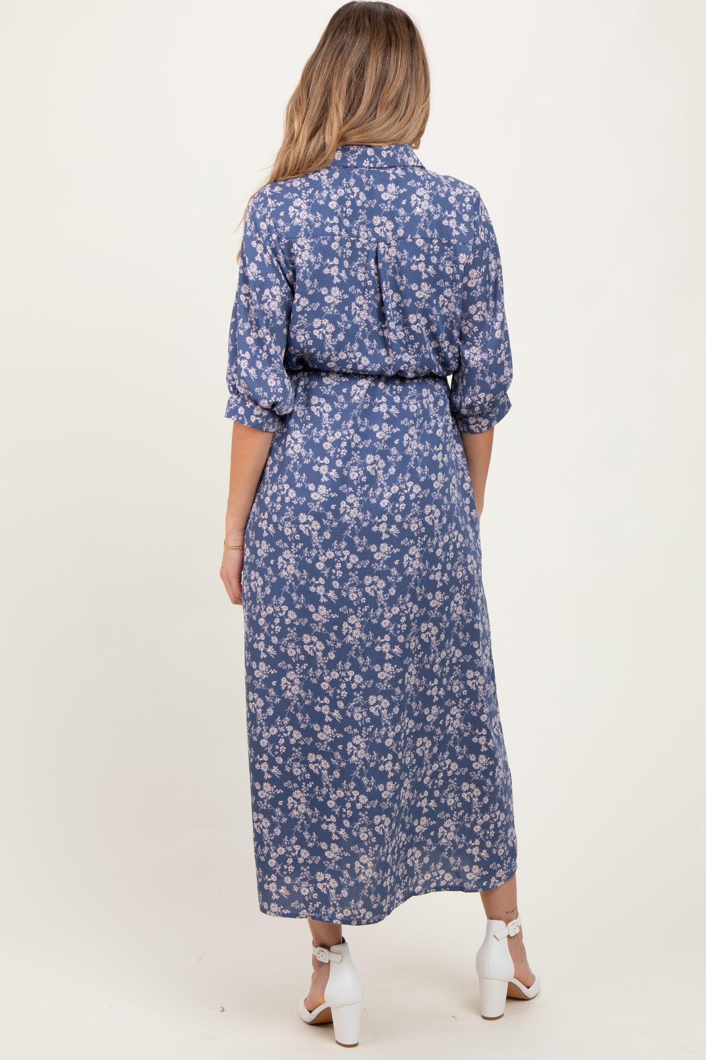 Blue Floral Button Down 3/4 Sleeve Maternity Maxi Dress