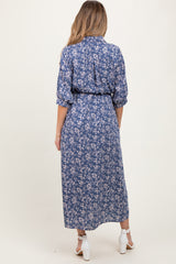 Blue Floral Button Down 3/4 Sleeve Maternity Maxi Dress