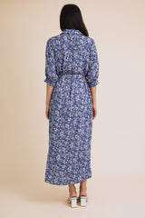 Blue Floral Button Down 3/4 Sleeve Maxi Dress