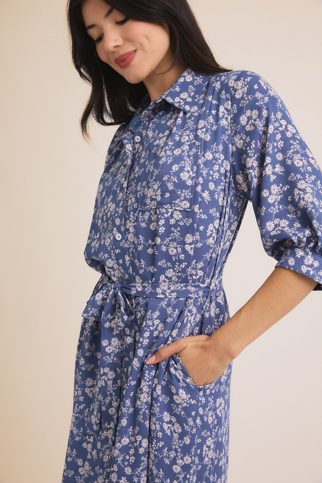 Blue Floral Button Down 3/4 Sleeve Maxi Dress PinkBlush Blue Floral Button Down 3/4 Sleeve Maxi Dress PinkBlush
