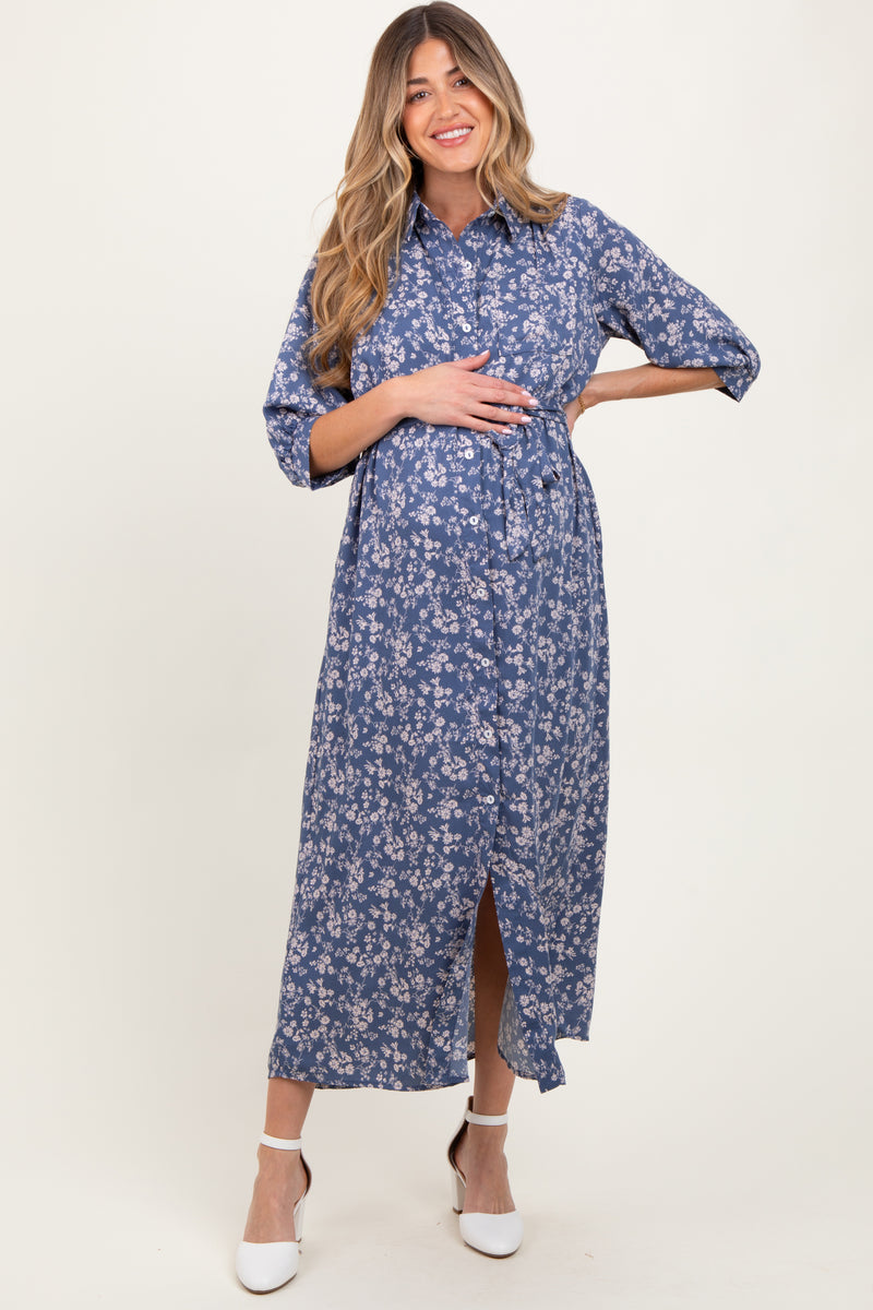 Women Blue Floral Printed Maternity Dress With Three Quarter Sleeves