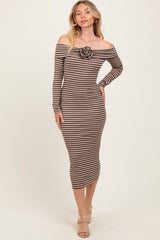 Taupe Striped Off Shoulder Rosette Maternity Midi Dress