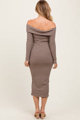 Taupe Striped Off Shoulder Rosette Midi Dress