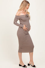 Taupe Striped Off Shoulder Rosette Maternity Midi Dress