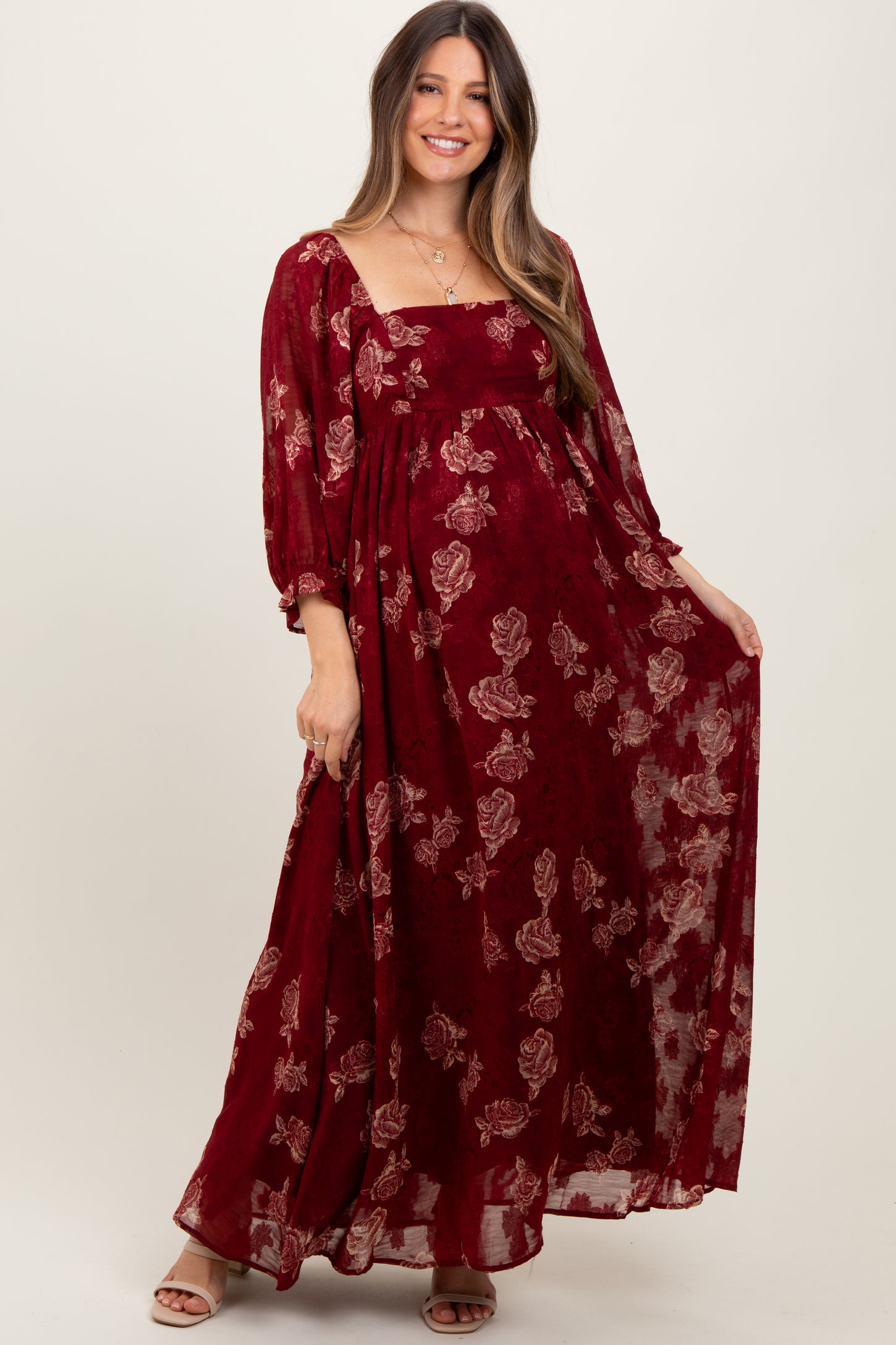Burgundy Multi Floral Textured Peasant Babydoll Maxi Dress Burgundy Multi Floral Textured Peasant Babydoll Maxi Dress