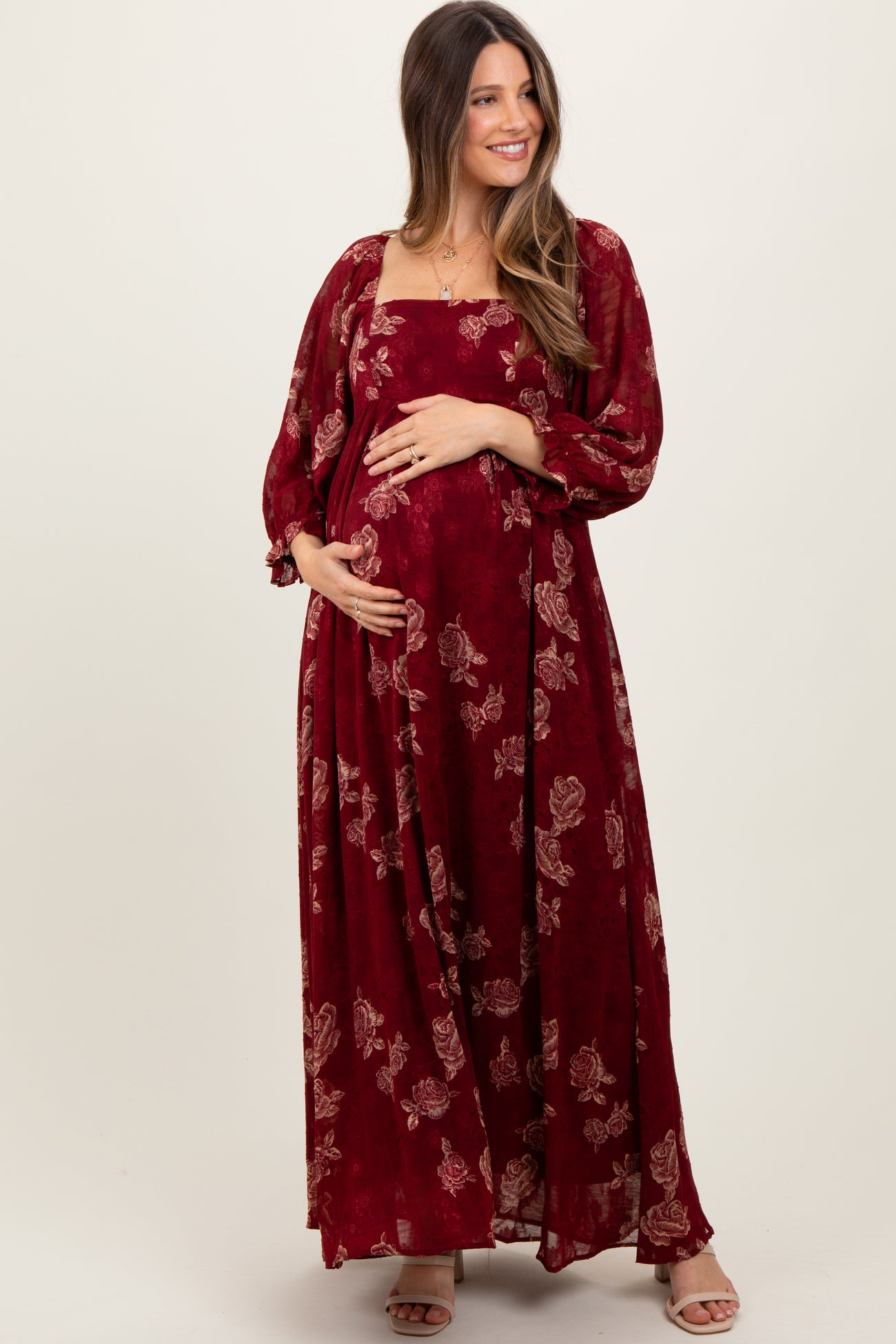 Burgundy Multi Floral Textured Peasant Babydoll Maxi Dress – PinkBlush