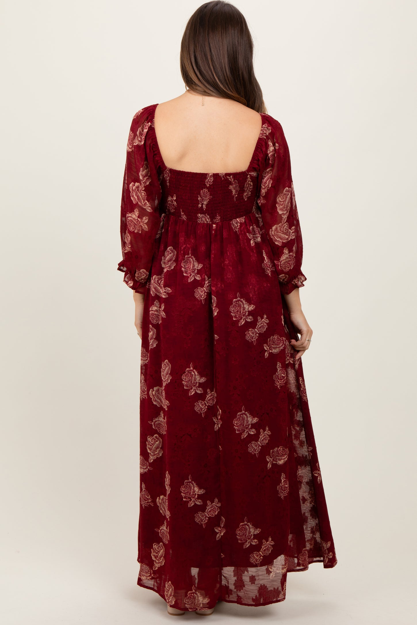 Burgundy Multi Floral Textured Peasant Babydoll Maxi Dress Burgundy Multi Floral Textured Peasant Babydoll Maxi Dress