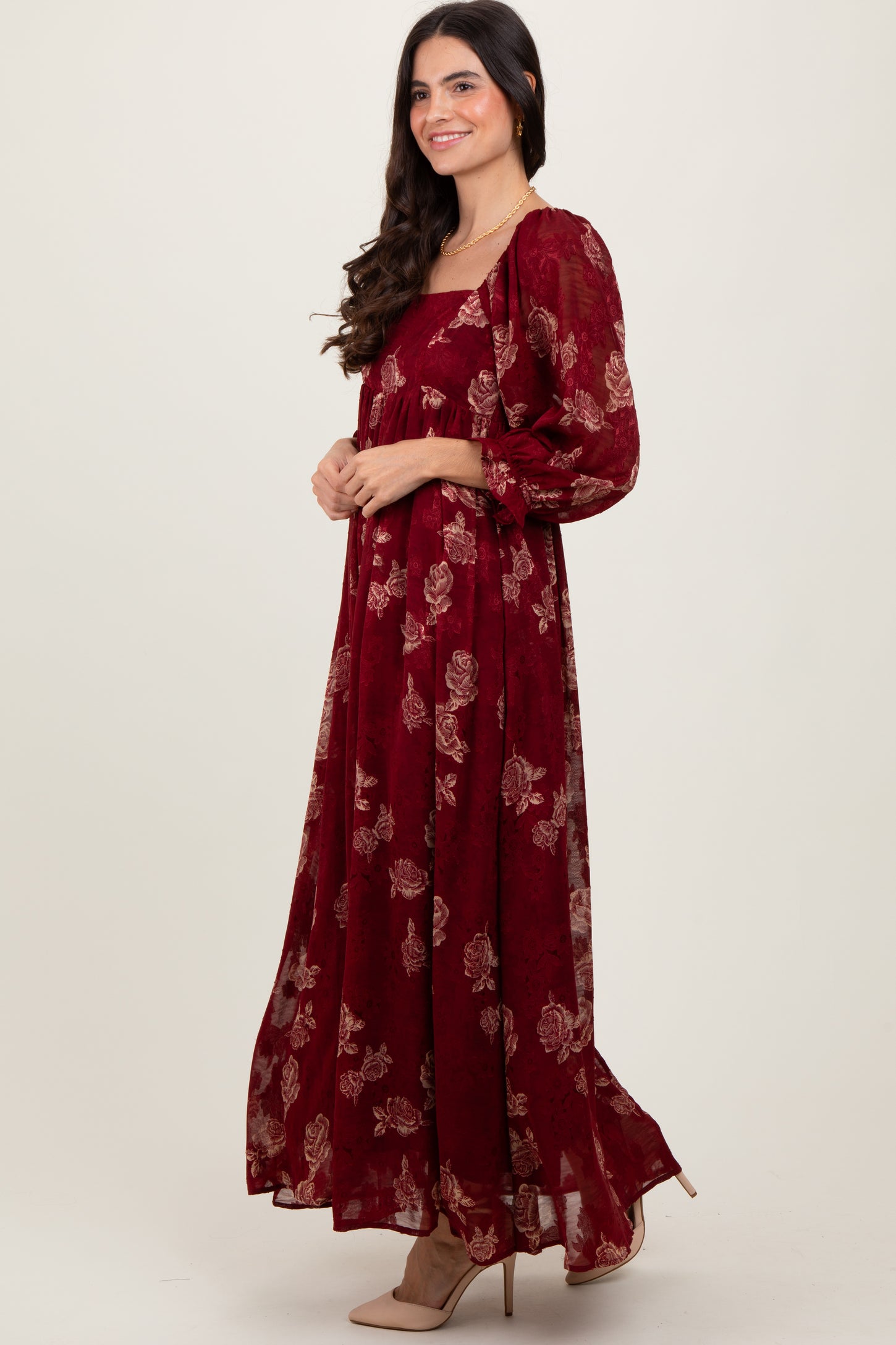 Burgundy Multi Floral Textured Peasant Babydoll Maxi Dress