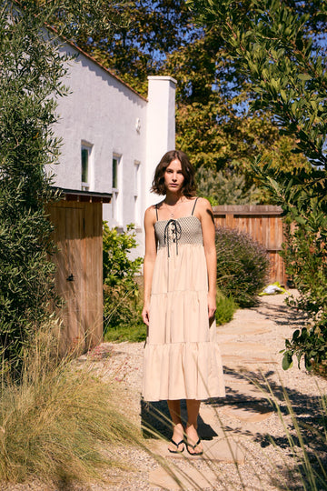 Beige Lace Up Smocked Bodice Tiered Midi Dress