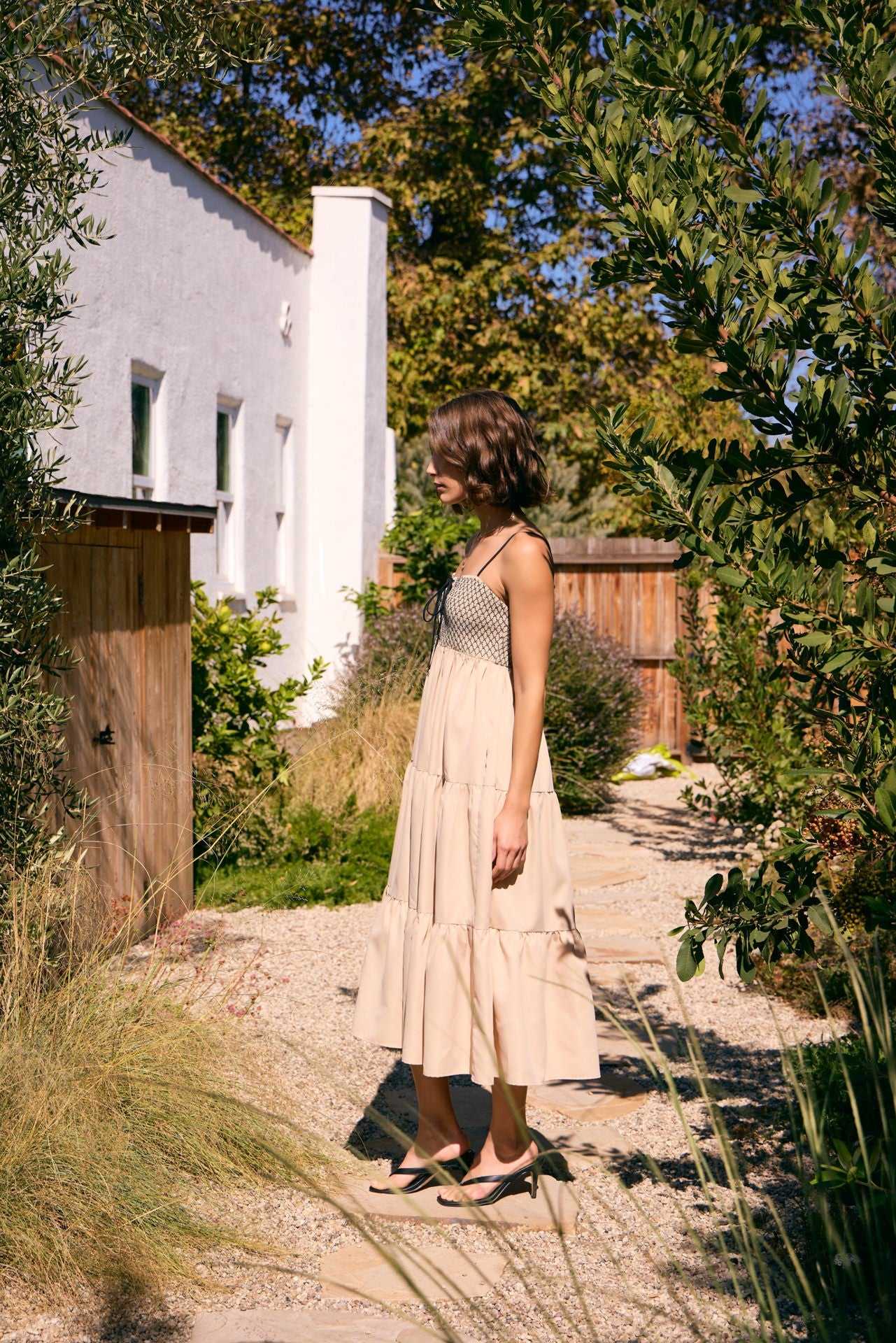Beige Lace Up Smocked Bodice Tiered Midi Dress