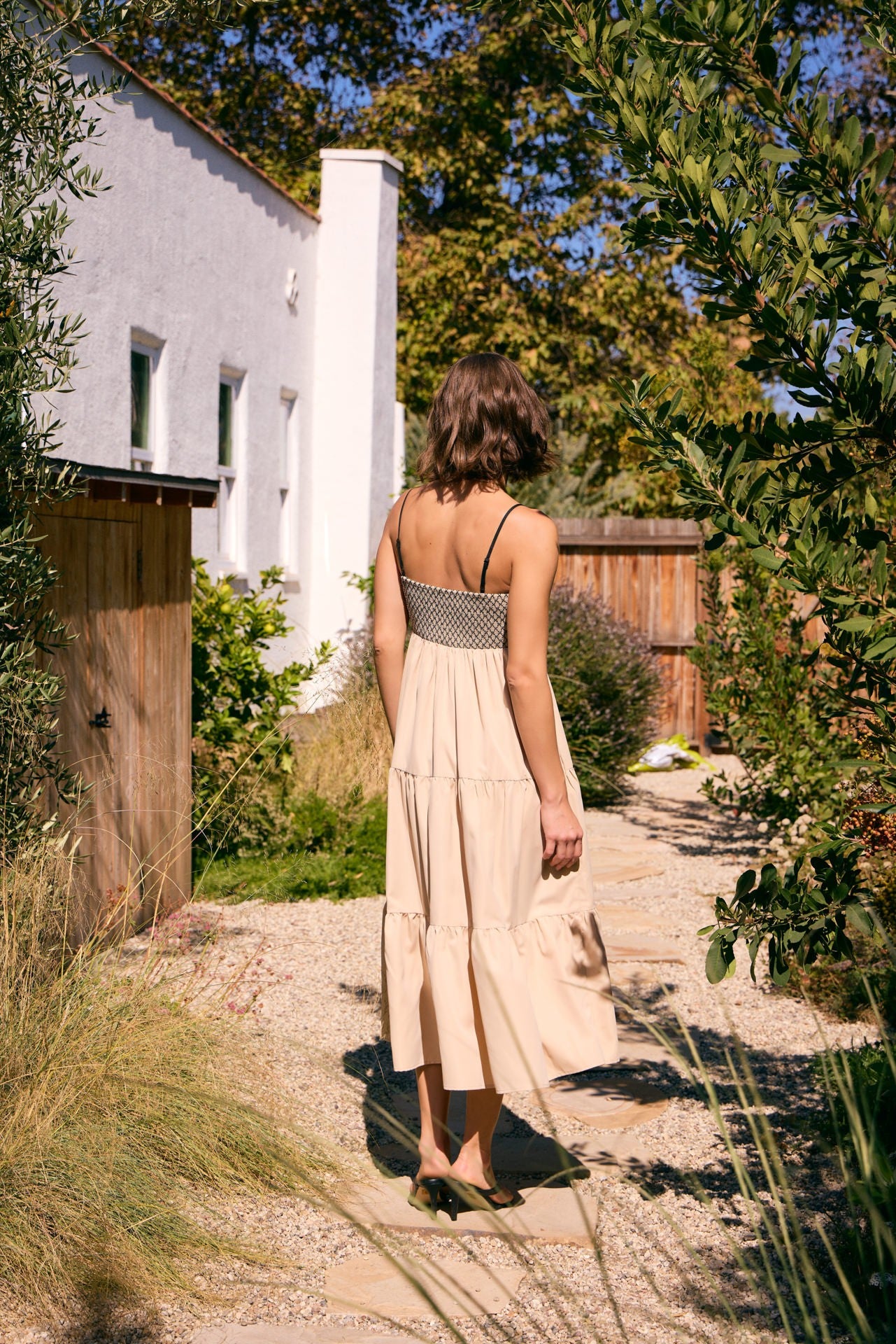 Beige Lace Up Smocked Bodice Tiered Midi Dress