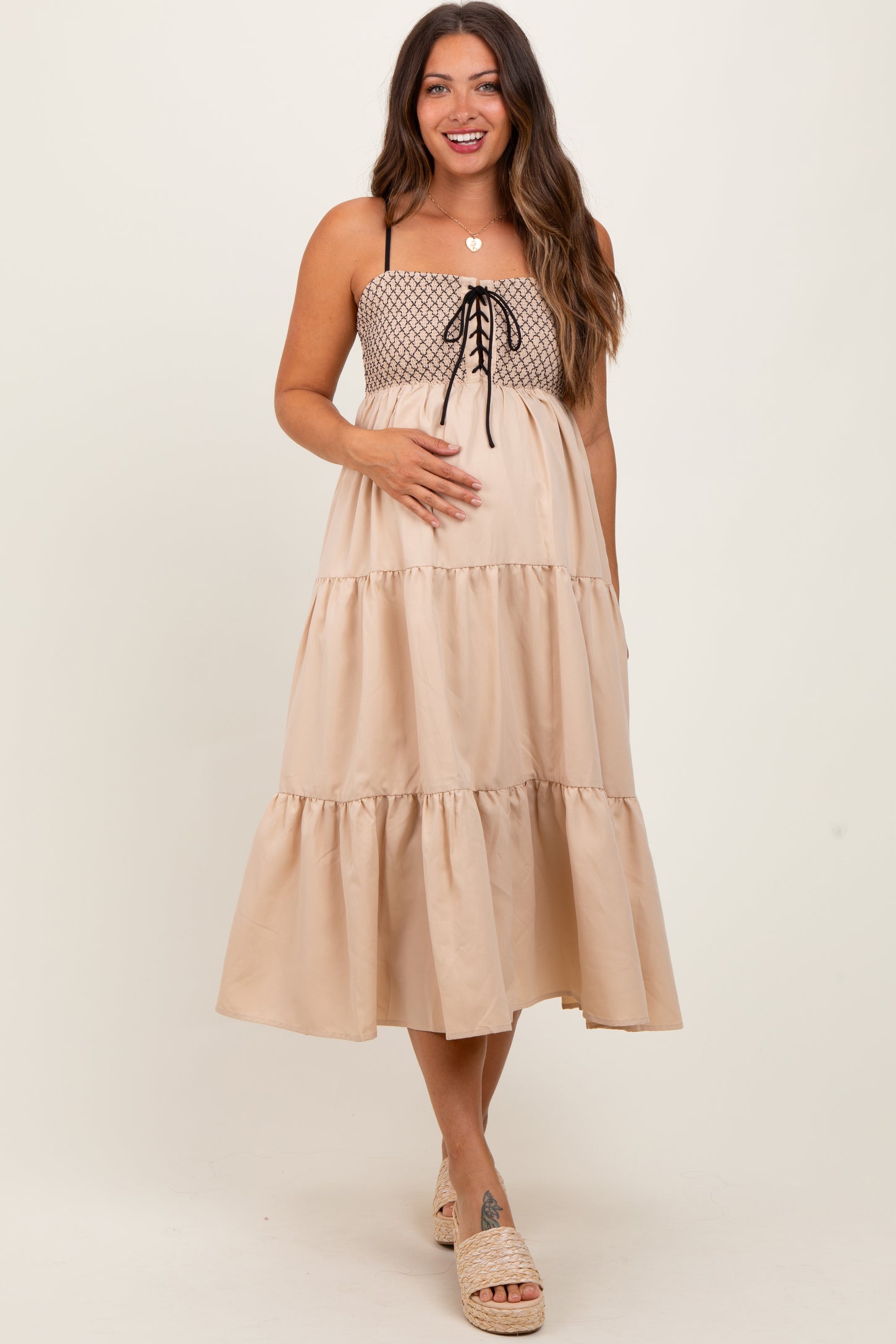 Beige Lace Up Smocked Bodice Tiered Maternity Midi Dress – PinkBlush