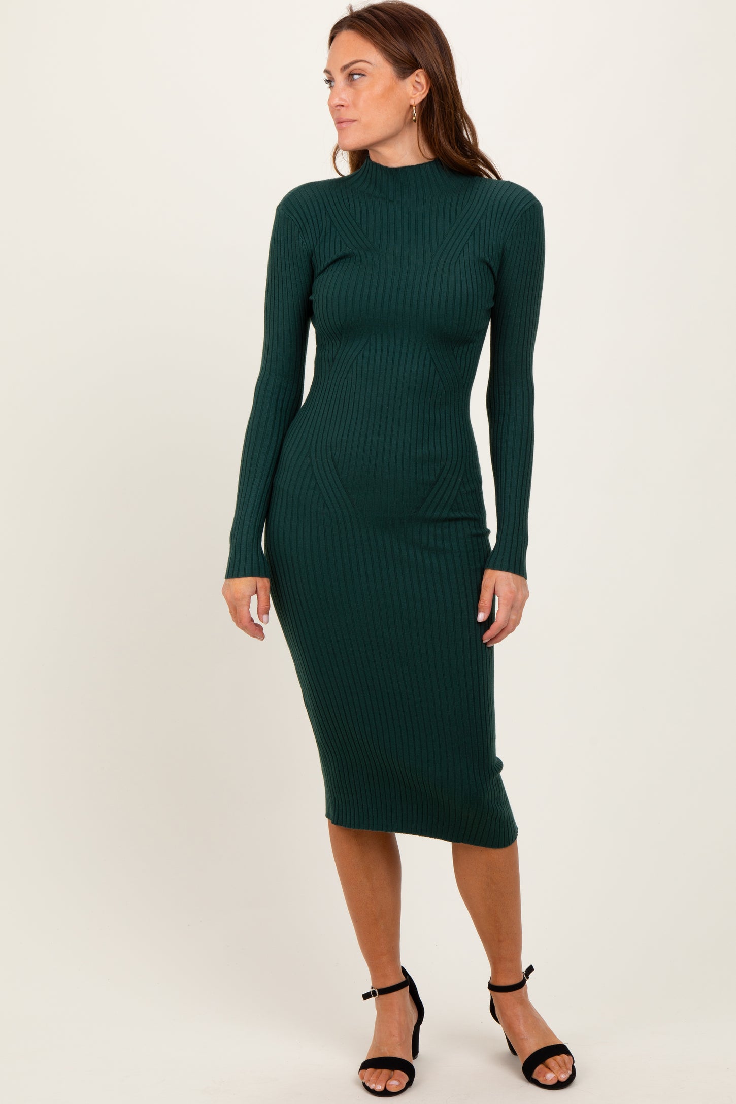 Forest Green Ribbed Knit Mock Neck Long Sleeve Midi Dress