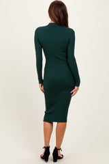 Forest Green Ribbed Knit Mock Neck Long Sleeve Midi Dress
