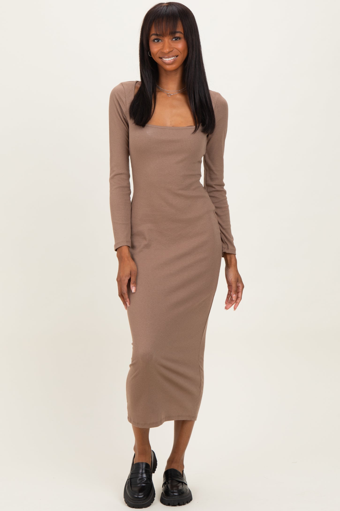 Taupe Square Neck Rib Long Sleeve Maxi Dress