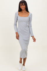 Heather Grey Square Neck Rib Long Sleeve Maxi Dress