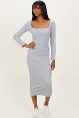 Heather Grey Square Neck Rib Long Sleeve Maxi Dress