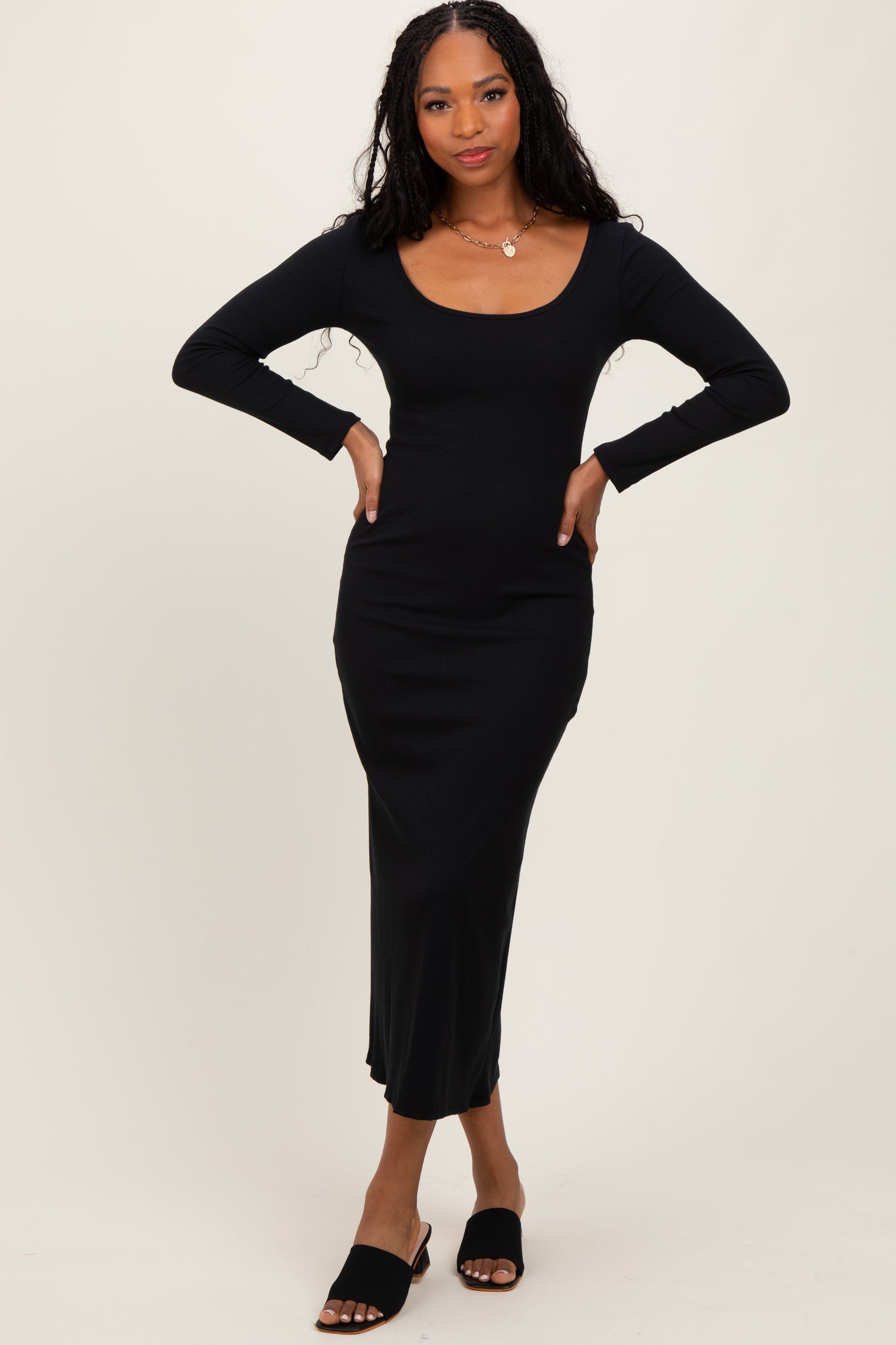 Black Scoop Neck Long Sleeve Midi Dress