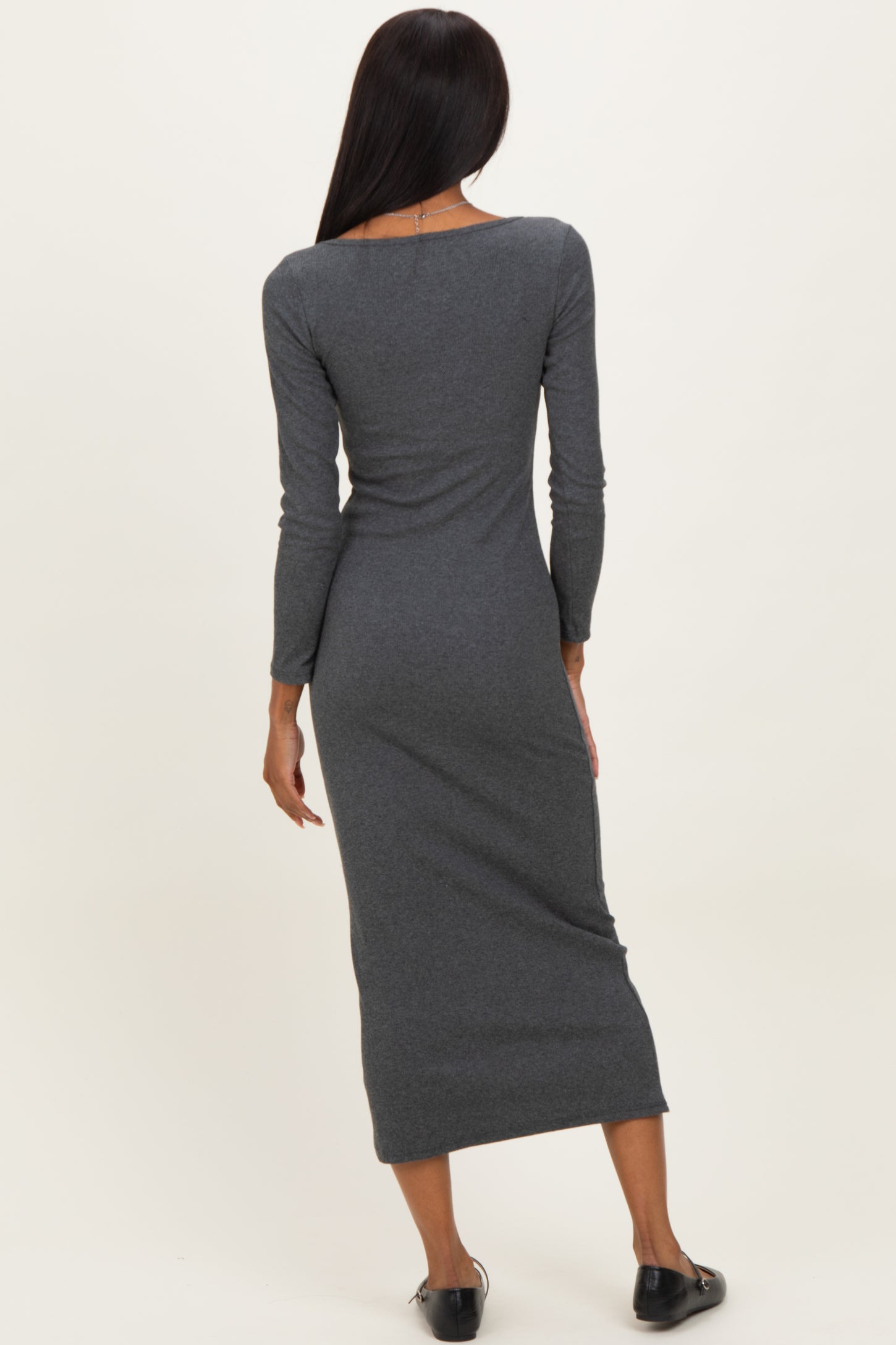Charcoal Scoop Neck Long Sleeve Midi Dress