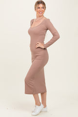 Mocha Scoop Neck Long Sleeve Midi Dress