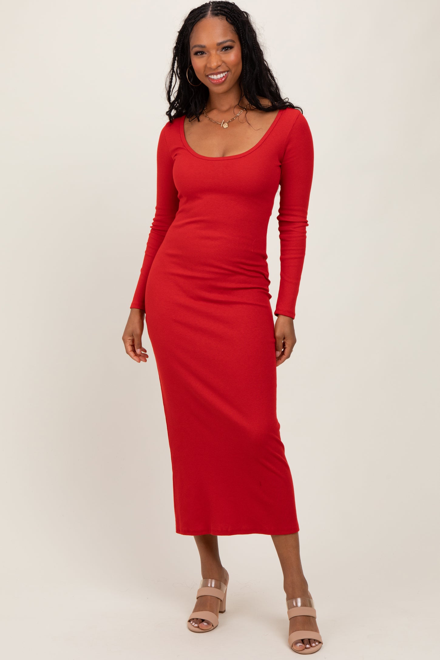 Red Scoop Neck Long Sleeve Midi Dress PinkBlush Red Scoop Neck Long Sleeve Midi Dress PinkBlush