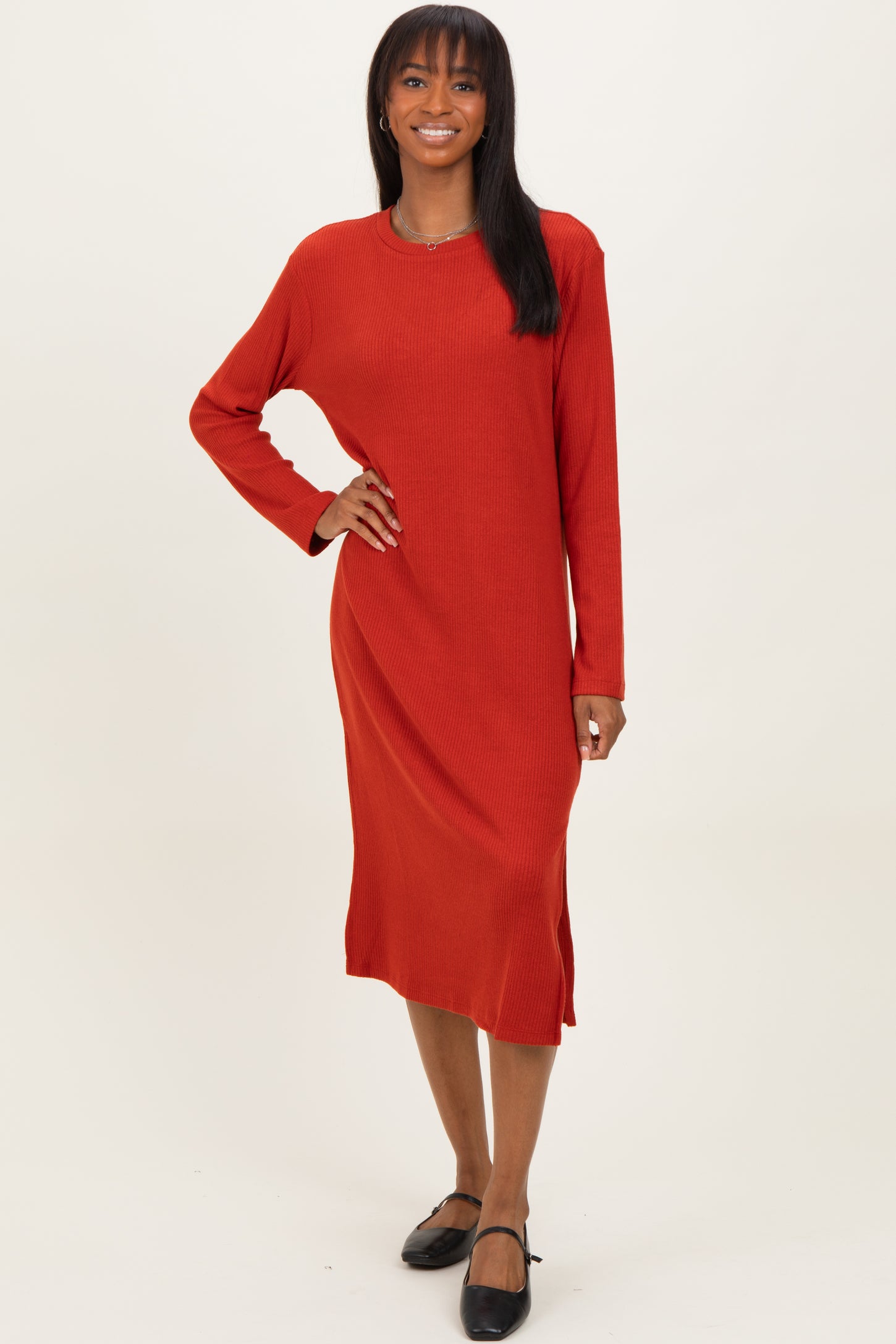 long sleeve midi dress with side split Solid Ribbed Midi Dress with Long Sleeves and Side Slit
