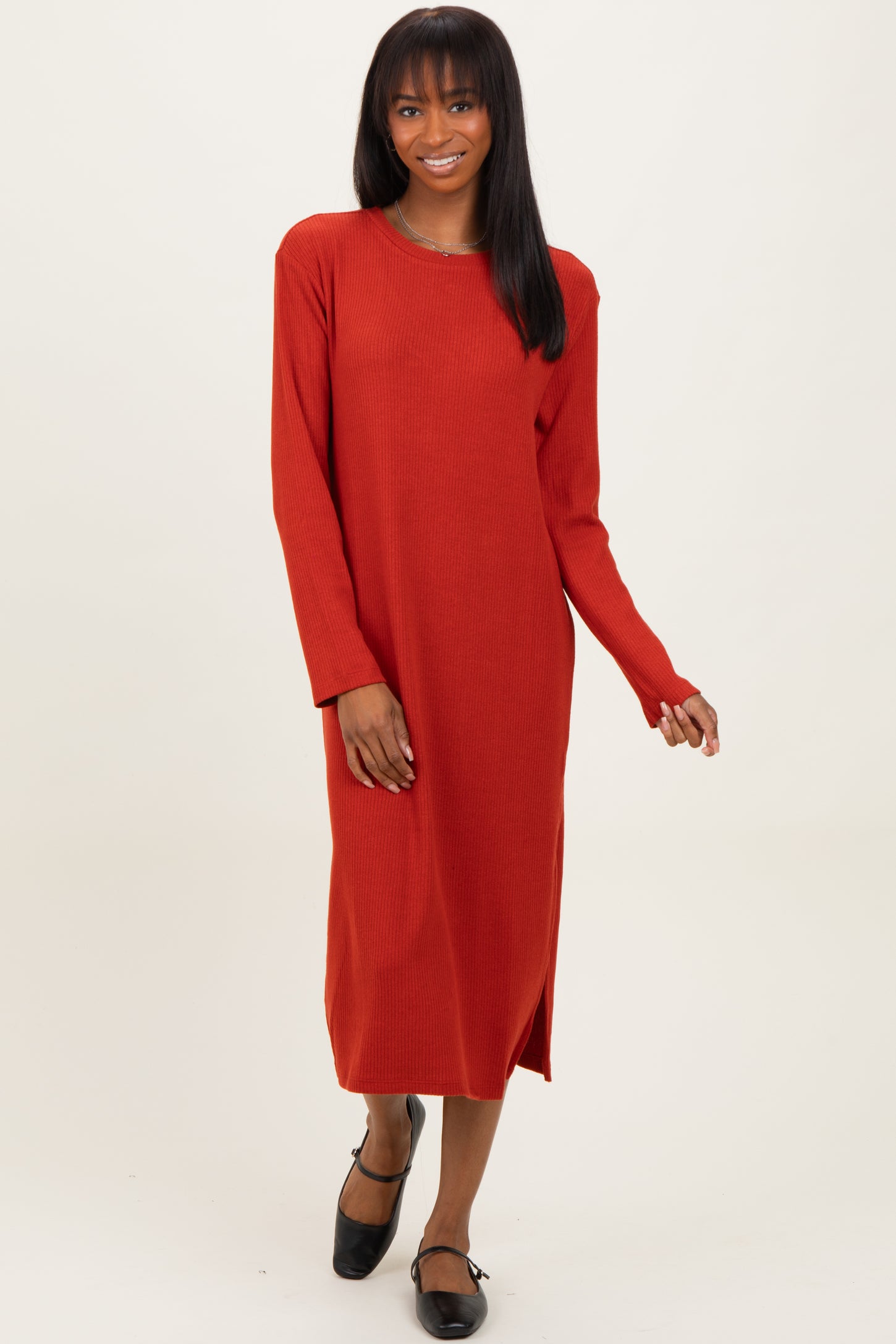 Coral Ribbed Knit Long Sleeve Side Slit Midi Dress