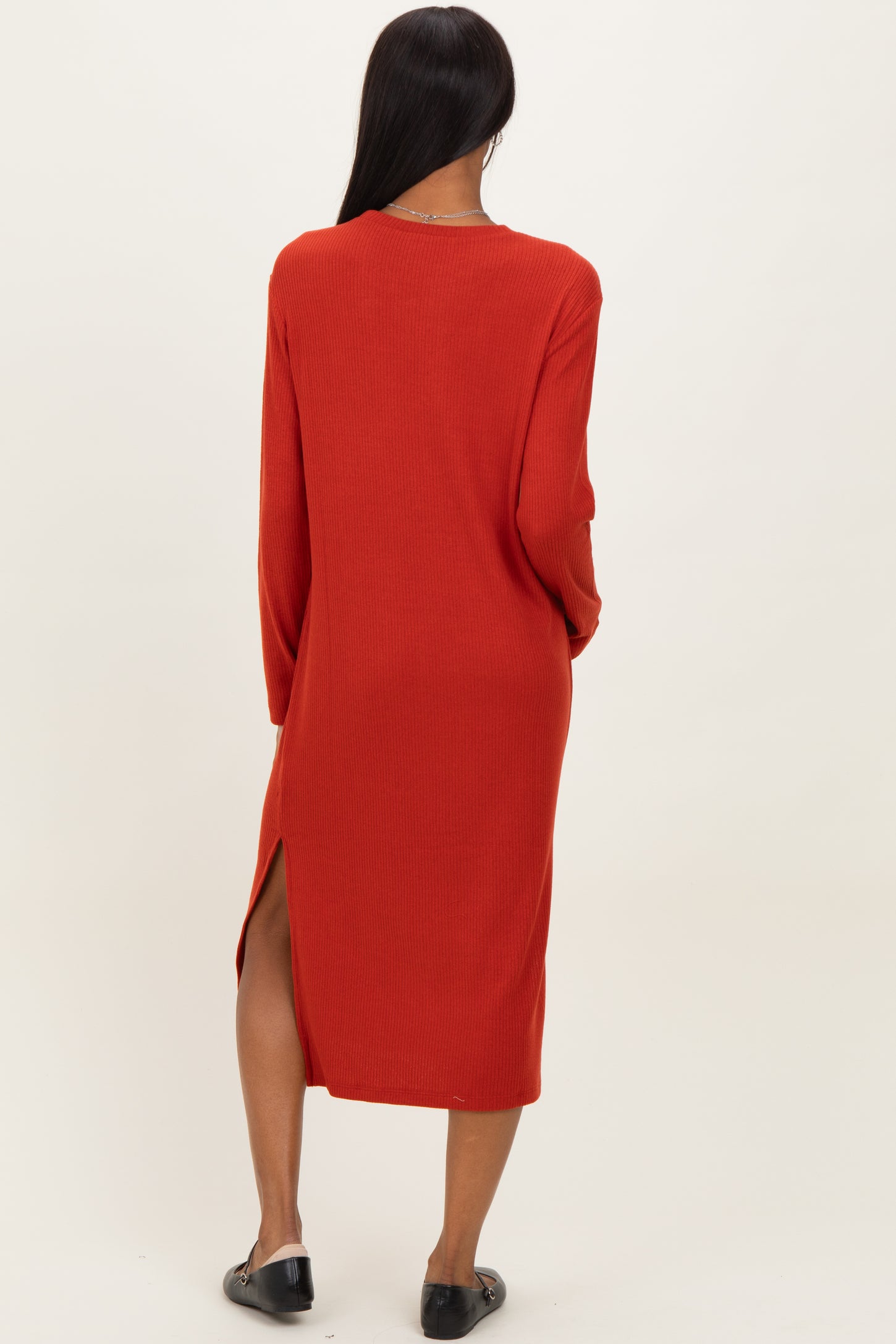 ribbed midi dress with split Ribbed Bodycon Midi Dress: Long Sleeve Split Thigh - Fall Winter