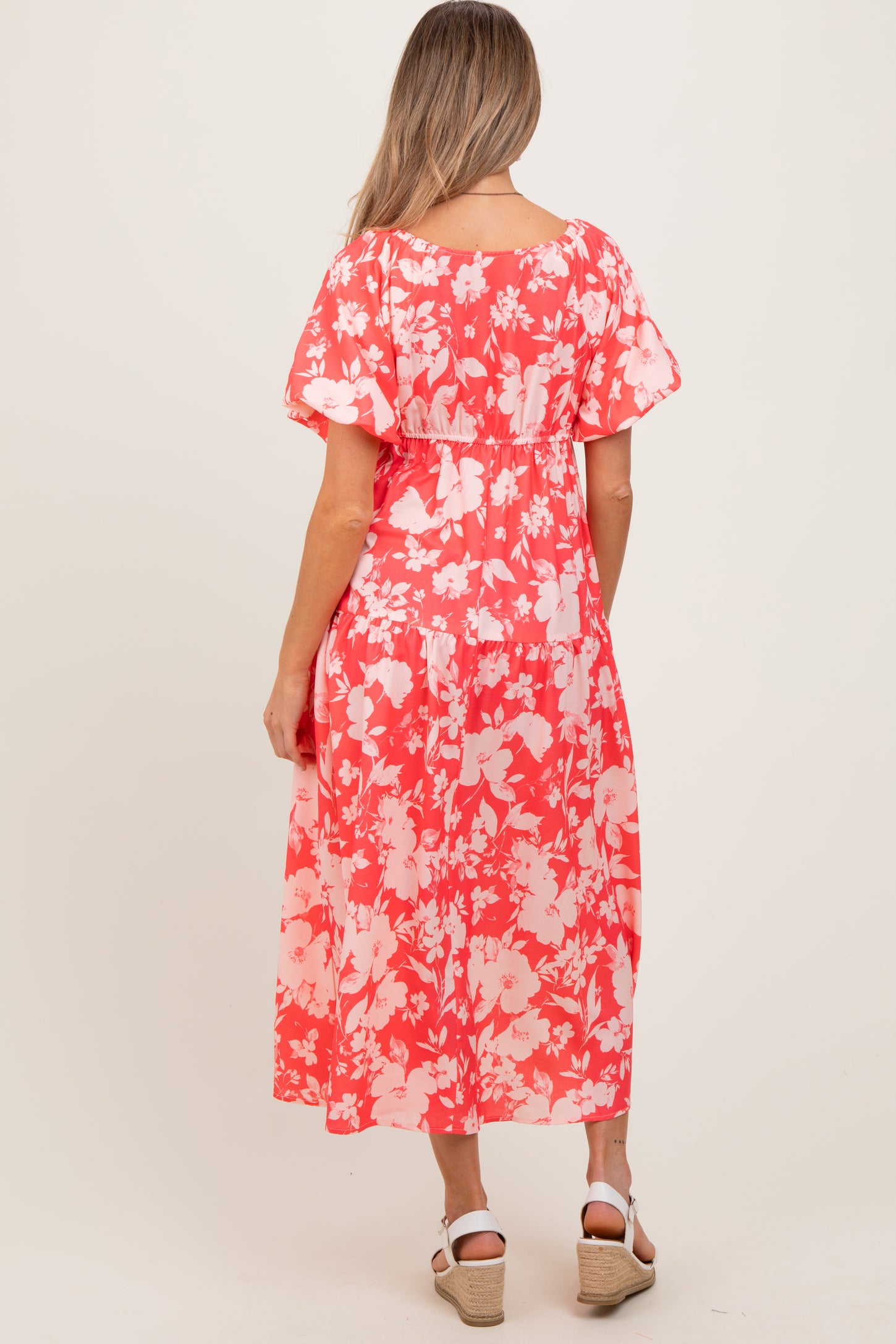 Coral Bubble Short Sleeve Maternity Maxi Dress W/ Side Pocket