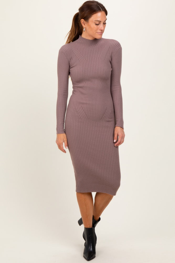 Mocha Ribbed Knit Mock Neck Long Sleeve Midi Dress