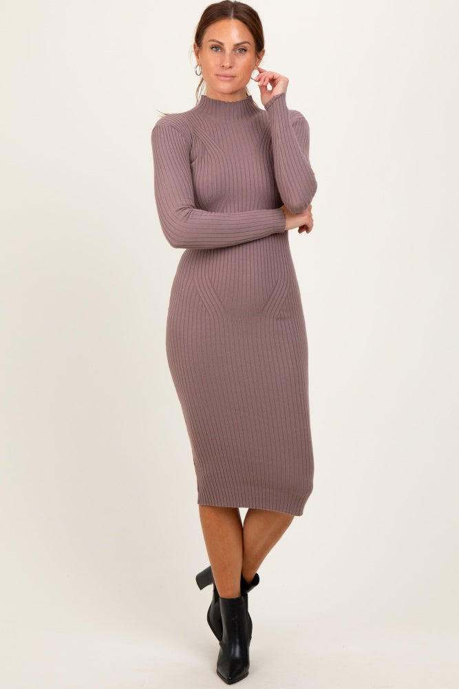 Mocha Ribbed Knit Mock Neck Long Sleeve Midi Dress Mocha Ribbed Knit Mock Neck Long Sleeve Midi Dress