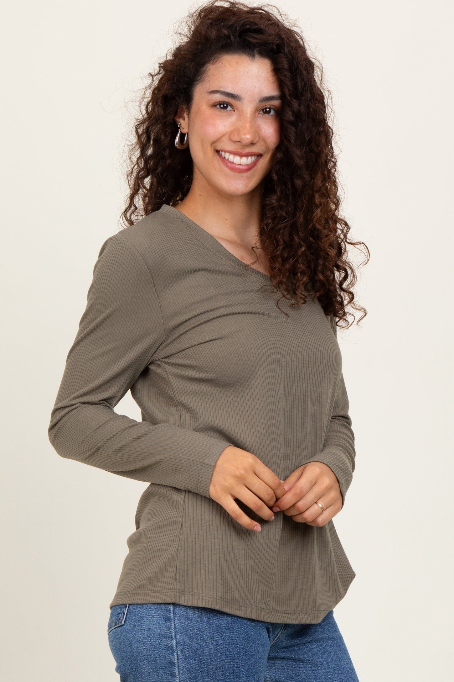 Olive Ribbed Knit V-Neck Long Sleeve Top