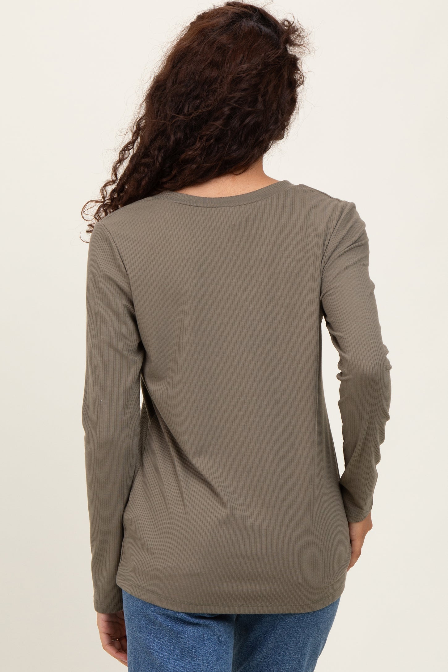 Olive Ribbed Knit V-Neck Long Sleeve Top