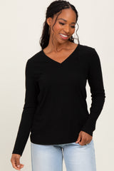 Black Ribbed Knit V-Neck Long Sleeve Top