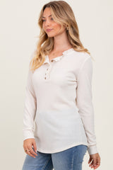Cream Ruffle Collar Micro Waffle Knit Henley Top
