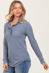 Blue Ruffle Collar Micro Waffle Knit Henley Top