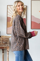 Brown Ribbed Animal Print Contrast Trim Pullover