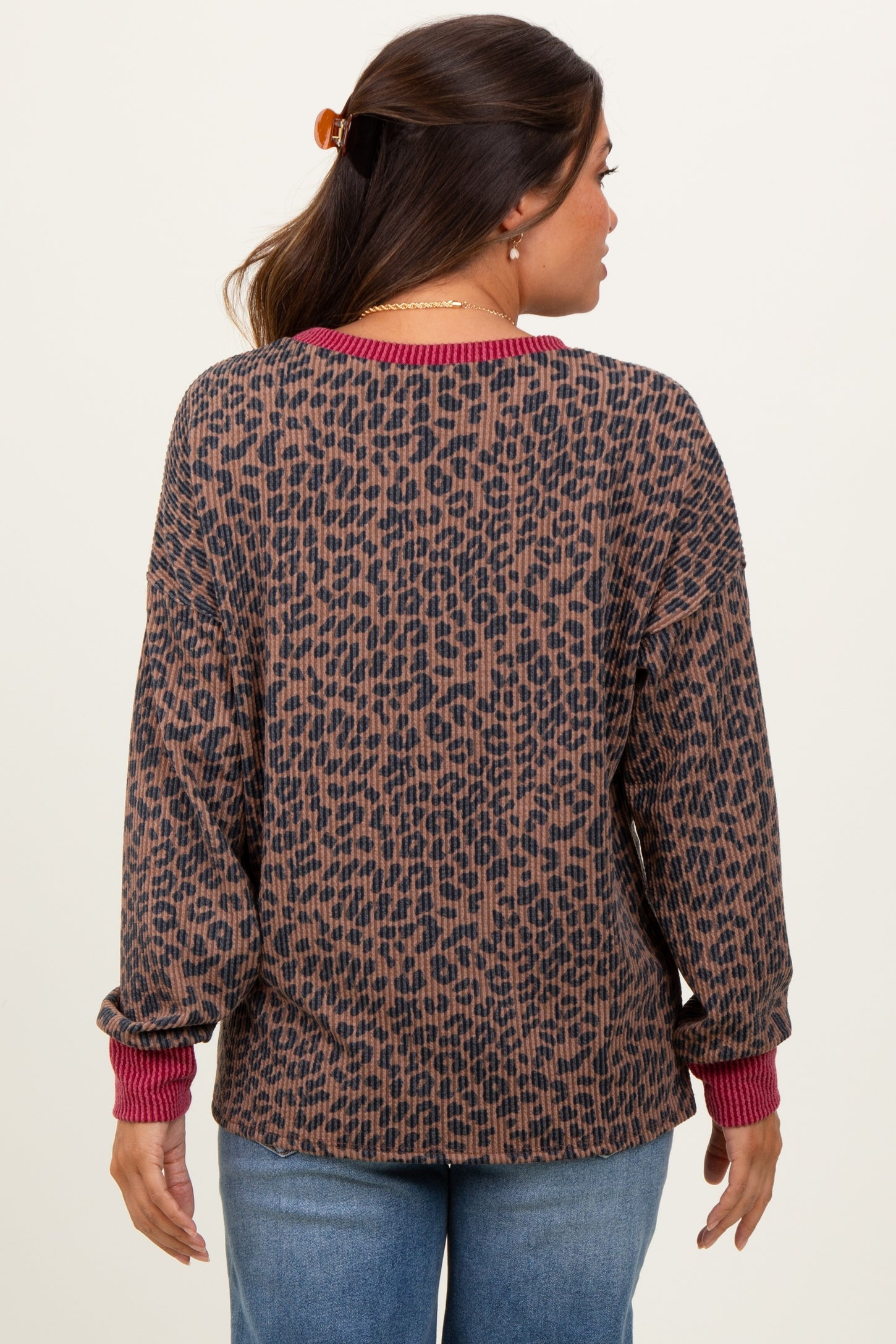 Brown Ribbed Animal Print Contrast Trim Maternity Pullover