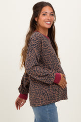 Brown Ribbed Animal Print Contrast Trim Maternity Pullover