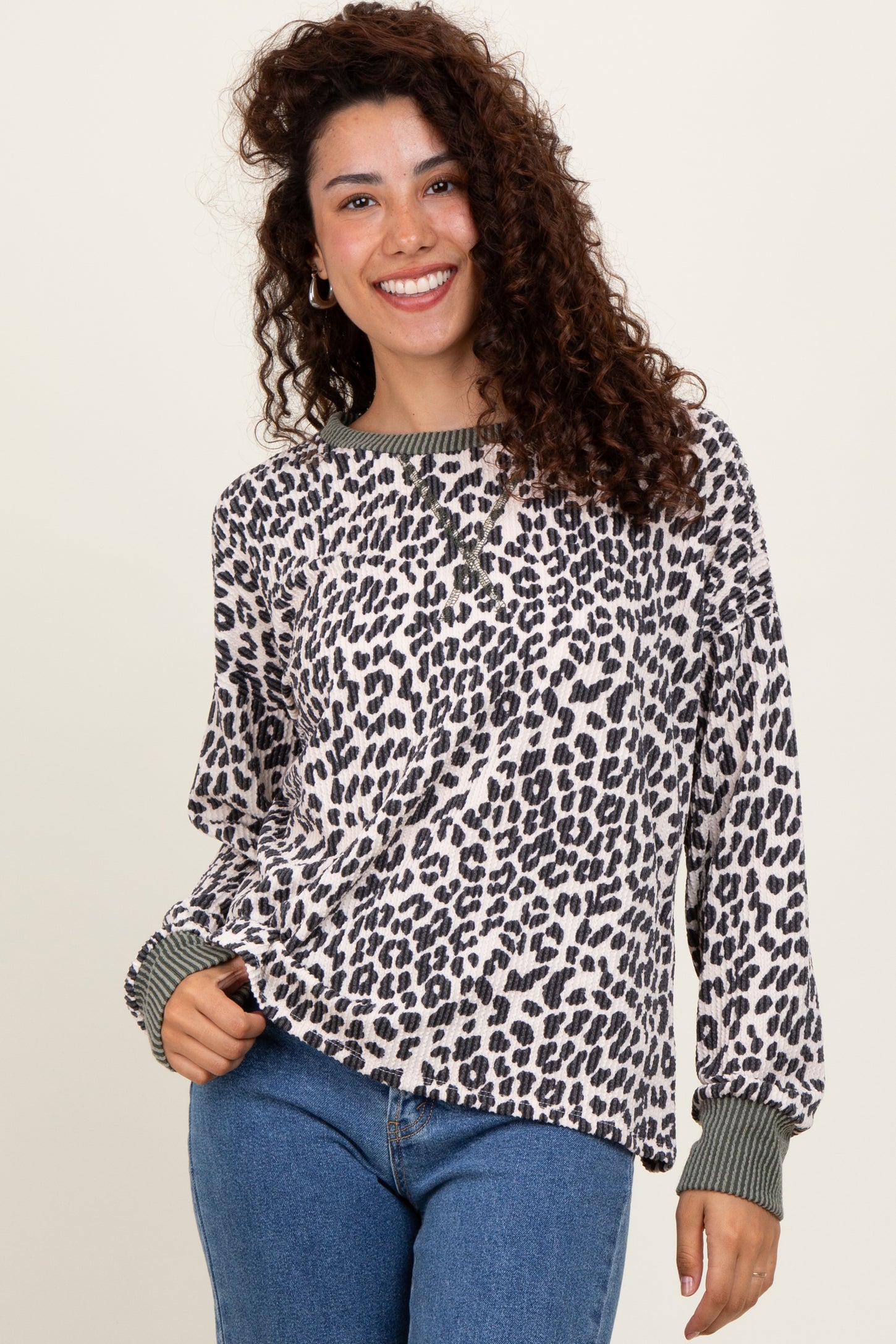 Cream Ribbed Animal Print Contrast Trim Maternity Pullover