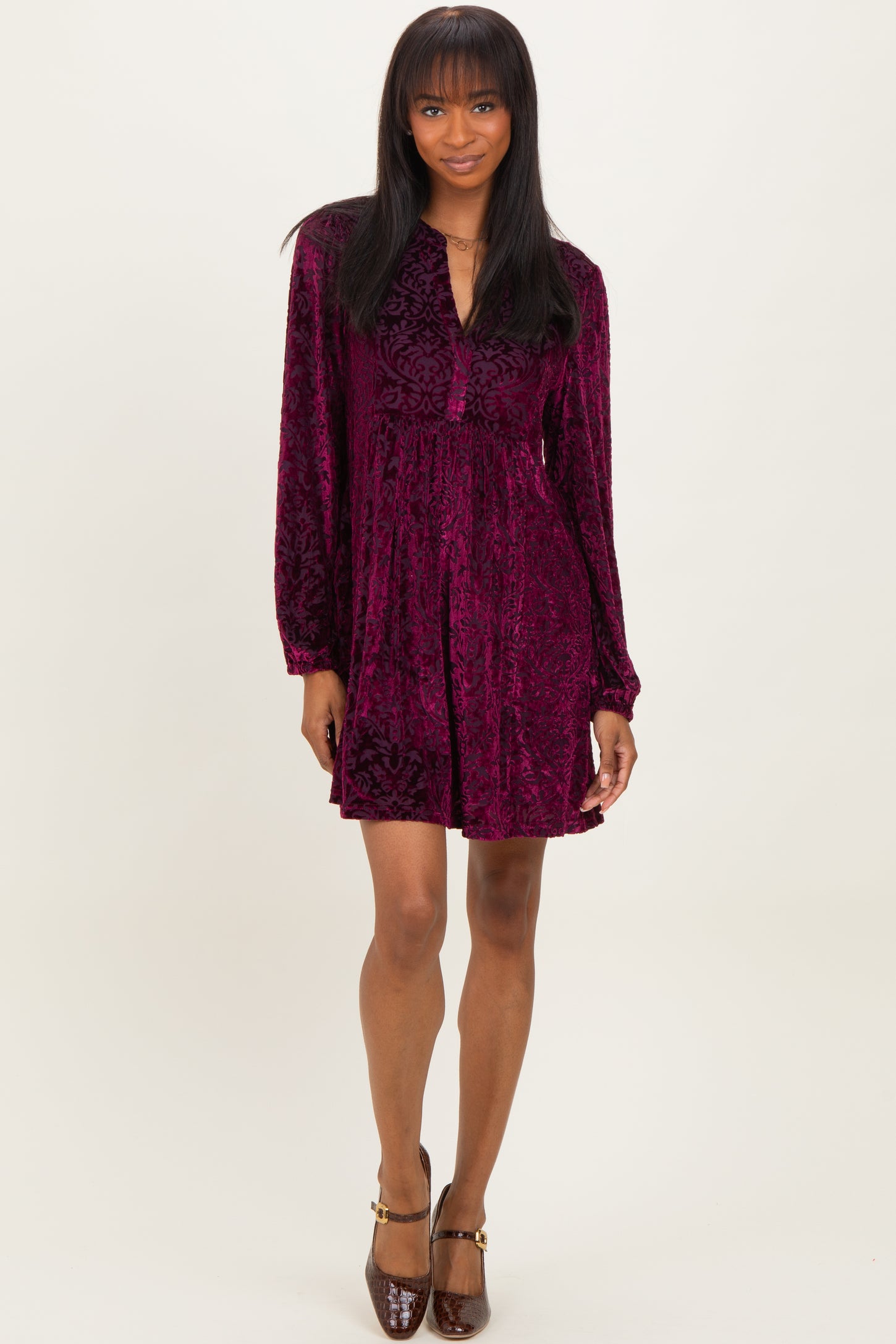 Burgundy Velvet Damask Print Long Sleeve Maternity Mini Dress