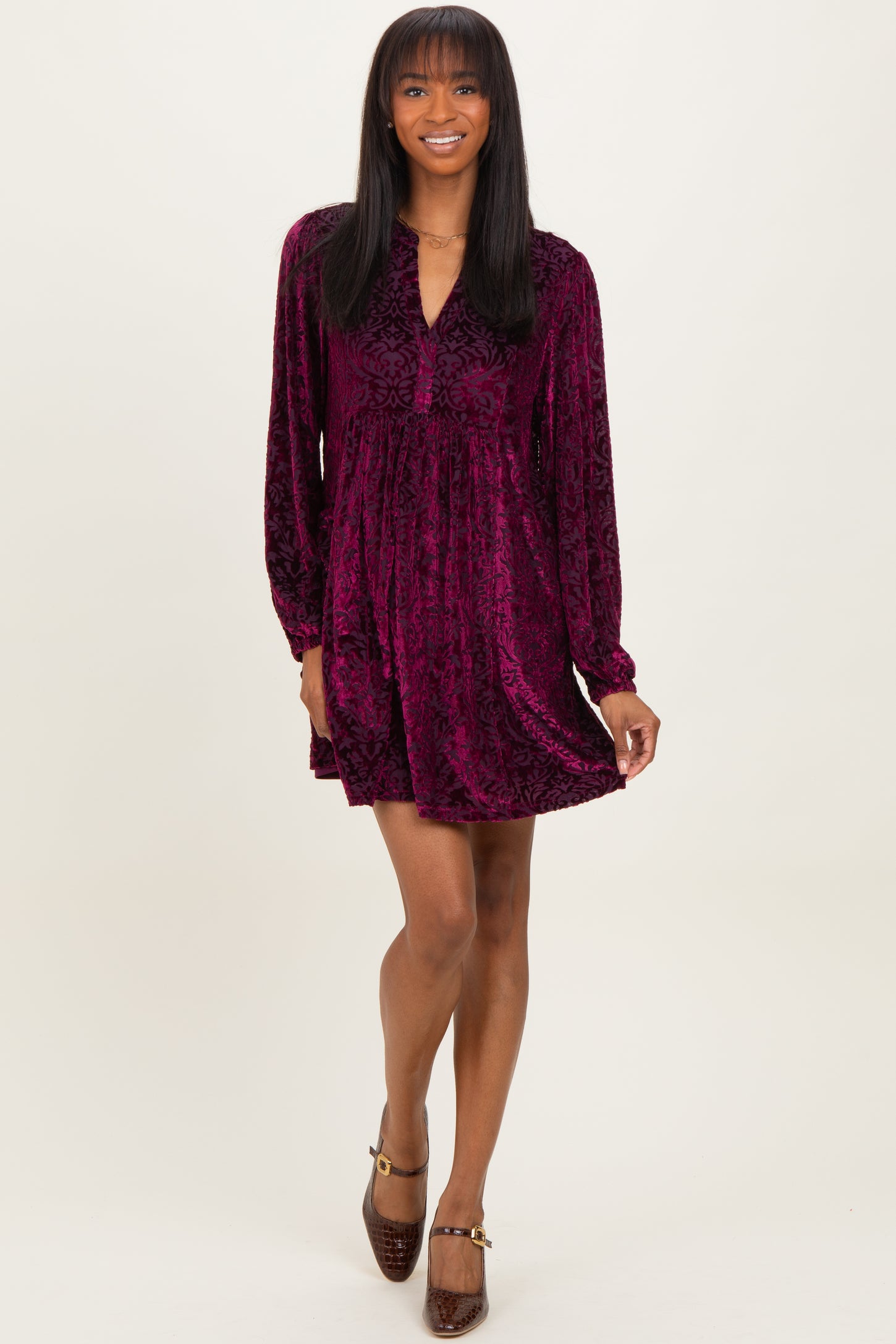 Burgundy Velvet Damask Print Long Sleeve Mini Dress
