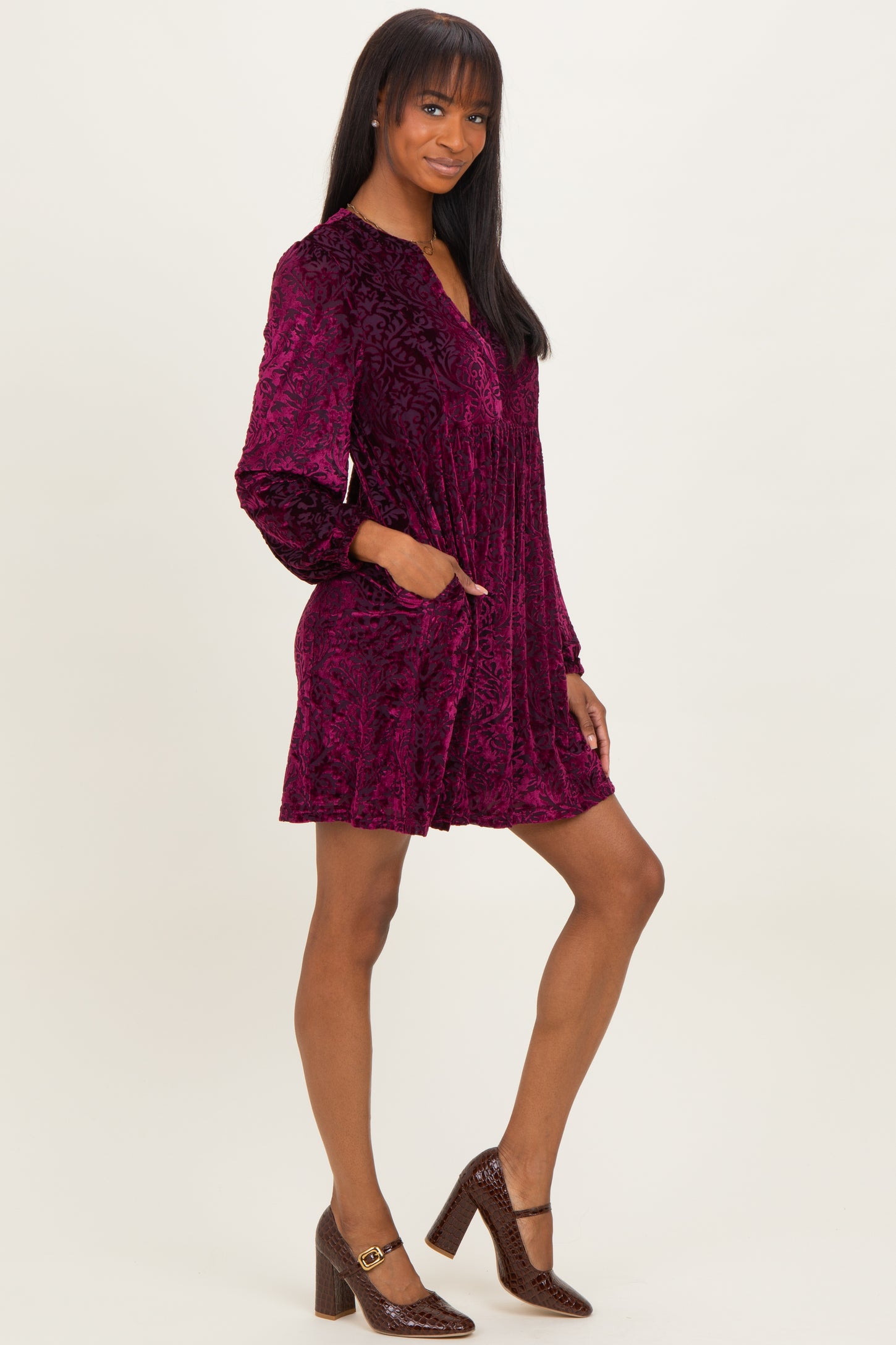 Burgundy Velvet Damask Print Long Sleeve Mini Dress Burgundy Velvet Damask Print Long Sleeve Mini Dress