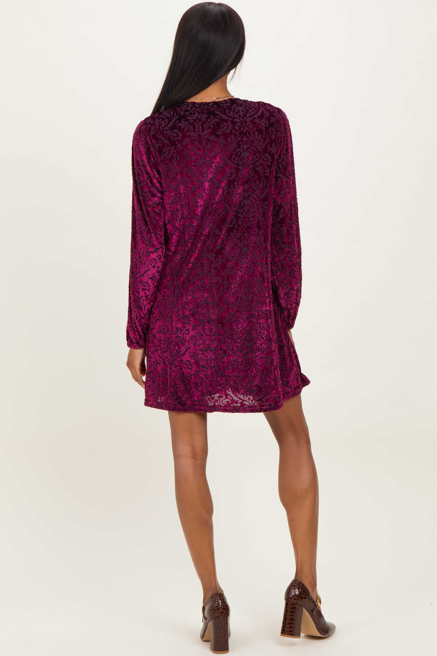 Burgundy Velvet Damask Print Long Sleeve Mini Dress Burgundy Velvet Damask Print Long Sleeve Mini Dress