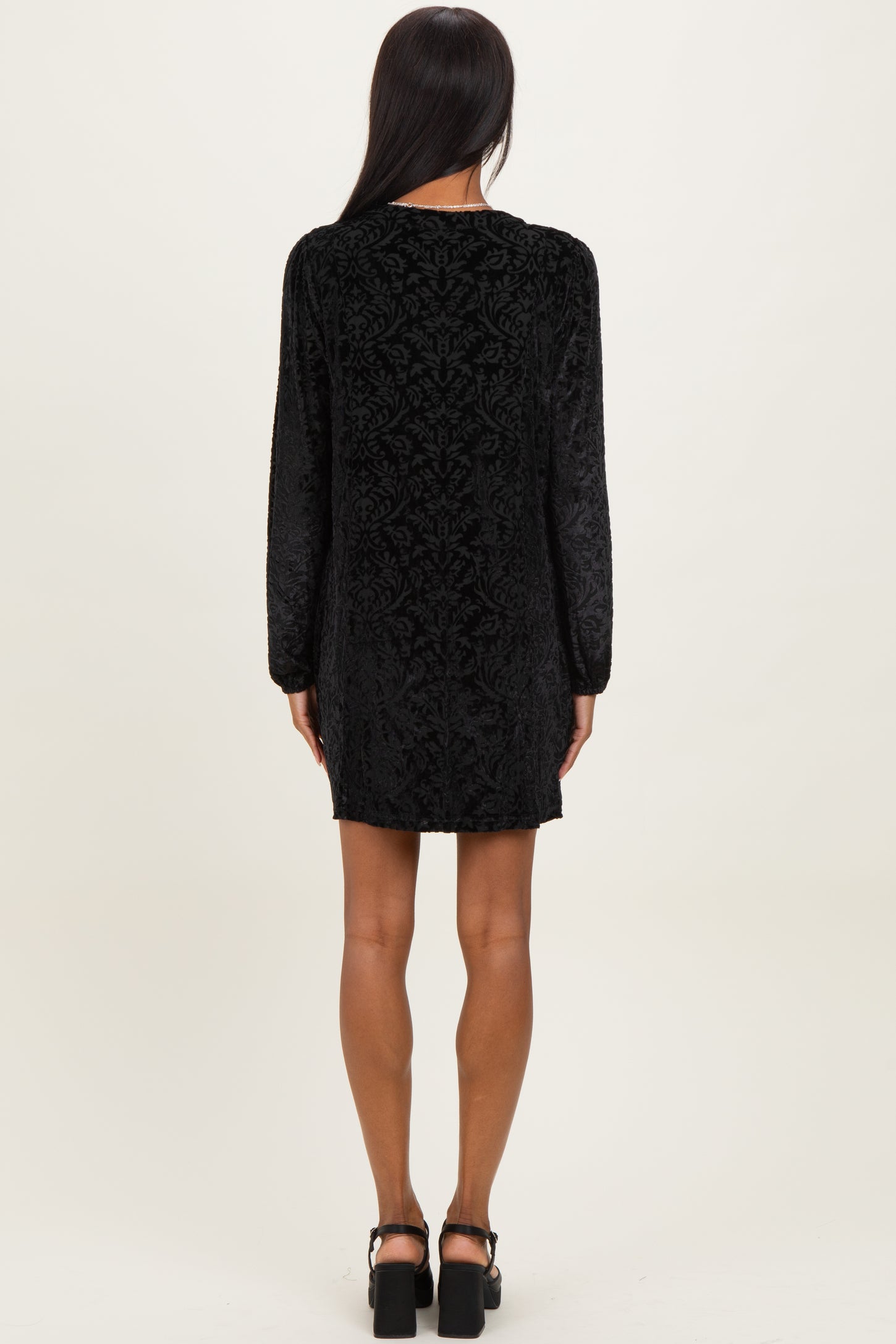 Black Velvet Damask Print Long Sleeve Mini Dress