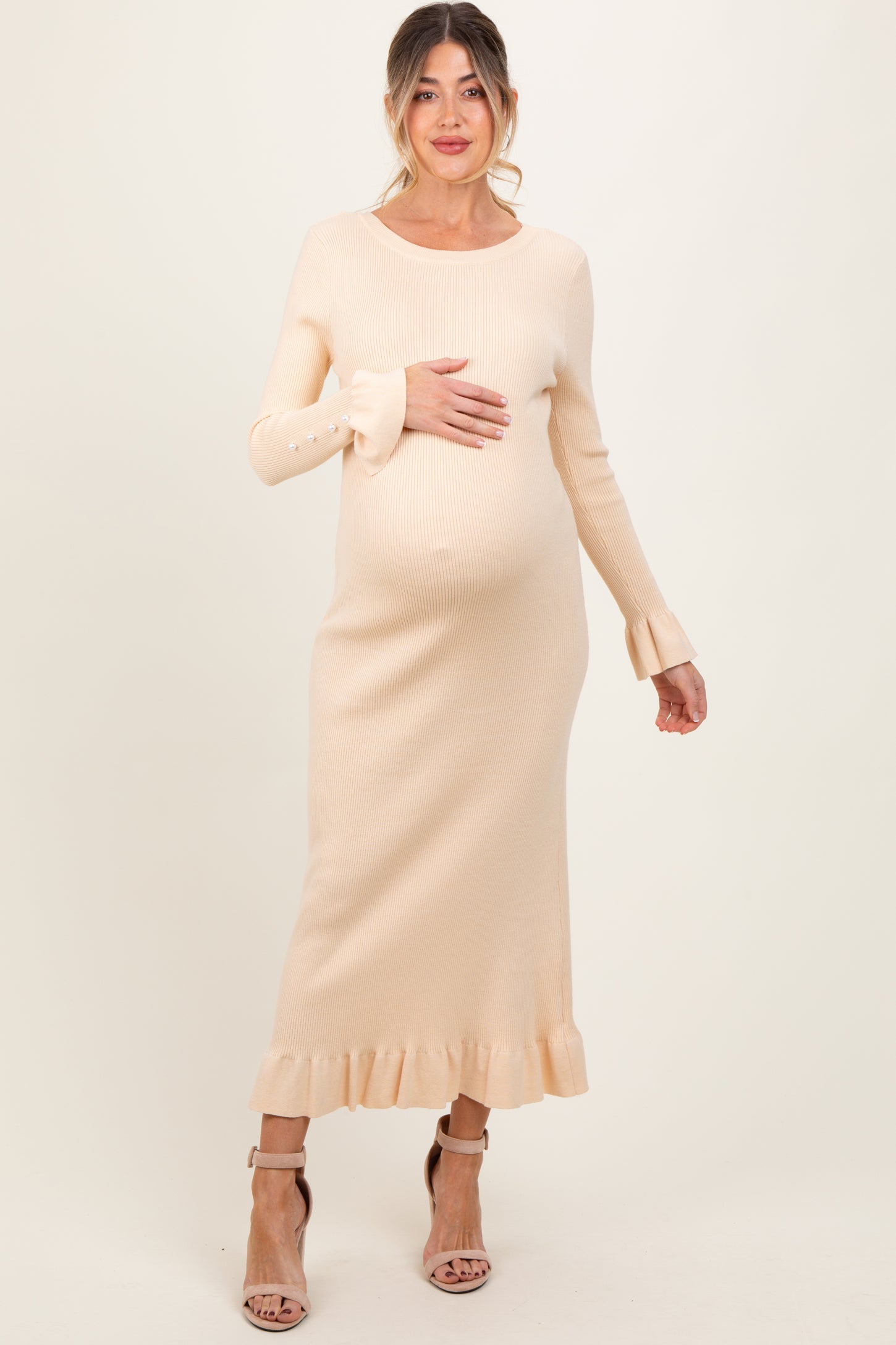 Light Yellow Ribbed Knit Bow Back Maternity Maxi Dress Light Yellow Ribbed Knit Bow Back Maternity Maxi Dress