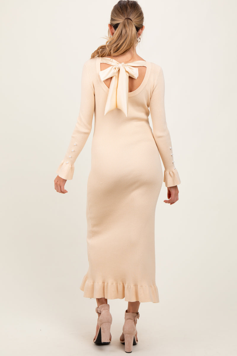 Light Yellow Ribbed Knit Bow Back Maternity Maxi Dress Light Yellow Ribbed Knit Bow Back Maternity Maxi Dress
