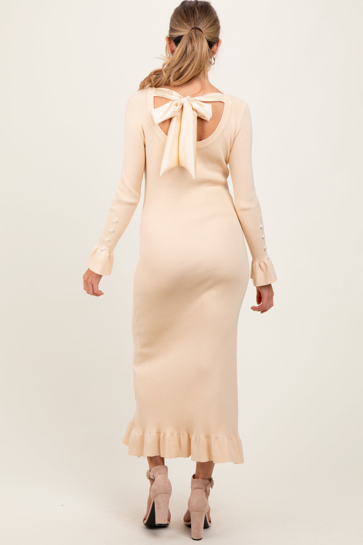 light yellow maternity dress Light Yellow Ribbed Knit Bow Back Maternity Maxi Dress